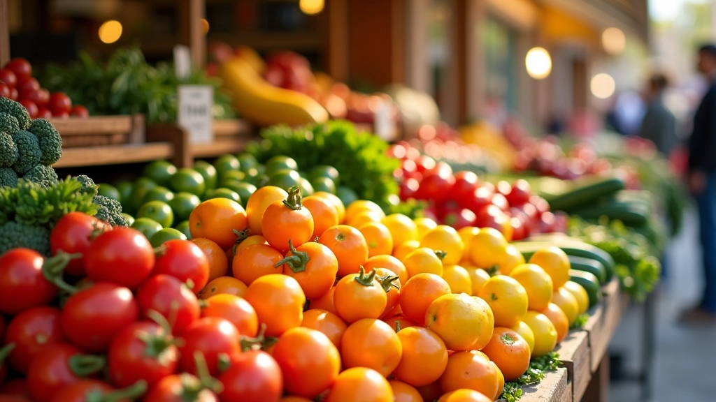 Marché provençal coloré avec étals de fruits, légumes frais et produits locaux, lumière naturelle du matin, perspective de dessus