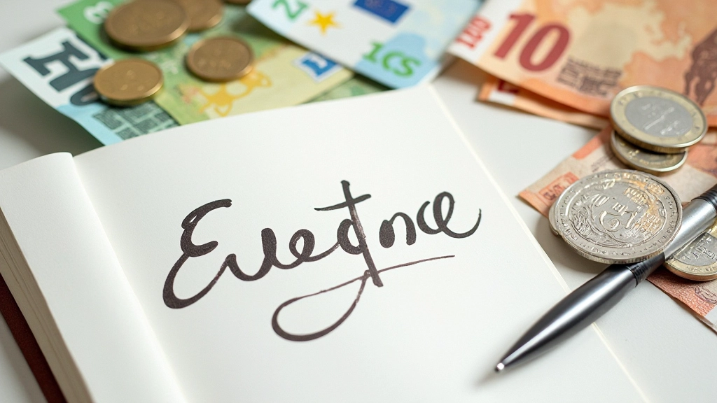 Pièces de monnaie euros et billets organisés sur un carnet de voyage
