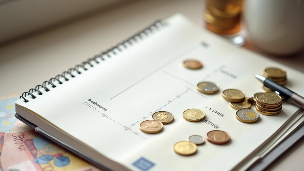 Pièces de monnaie euros et billets sur un carnet de notes avec un crayon