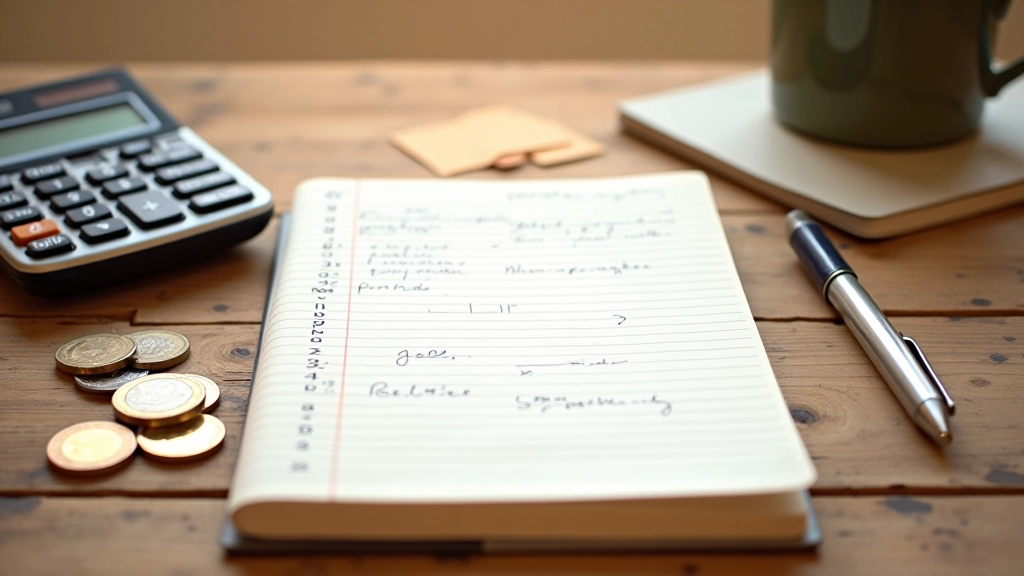 Carnet de voyage ouvert avec un stylo, liste de dépenses écrite à la main, calculatrice et pièces de monnaie à proximité sur une table