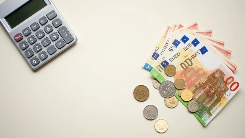 Gros plan de pièces de monnaie et billets euros étalés sur une table avec une calculatrice, organisés par dénomination