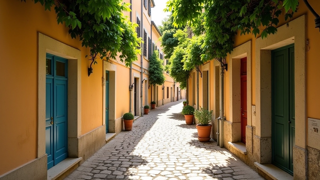Petite ruelle pavée d'Avignon avec bâtiments historiques en pierre, portes colorées, plantes vertes grimpantes, lumière du jour douce