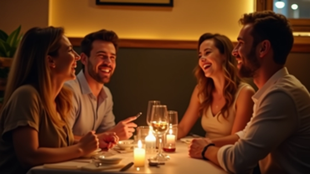 Groupe d'amis riant à table dans un restaurant chaleureux avec bougies et décor cosy, éclairage doux du soir