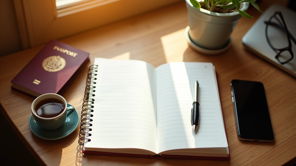 Carnet de voyage avec stylo sur une table en bois avec une tasse de café et un passeport