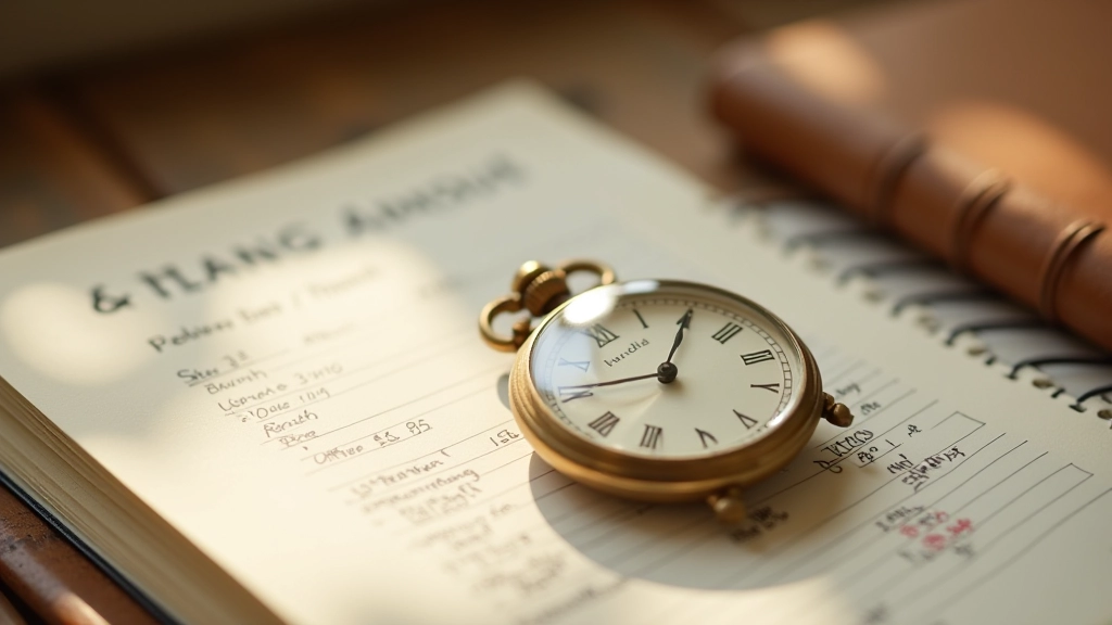 Montre vintage sur un journal de voyage, chronomètre visible, indiquant le temps qui passe, table en bois claire avec lumière naturelle