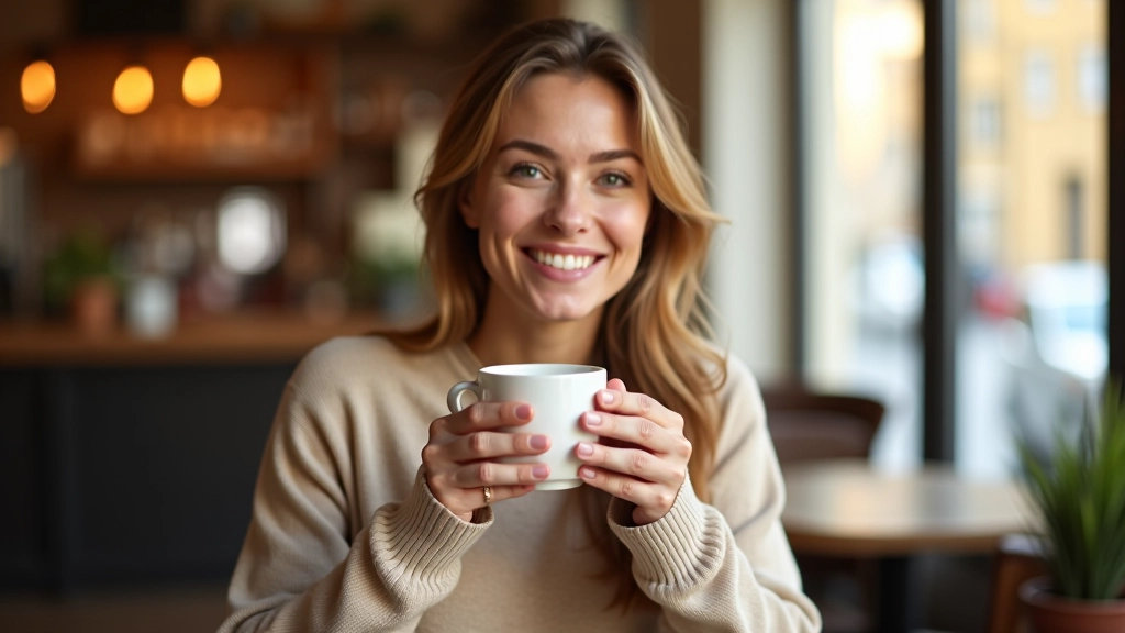 Femme tenant un café dans un café moderne avec vue sur la rue, lumière naturelle chaude, focus net