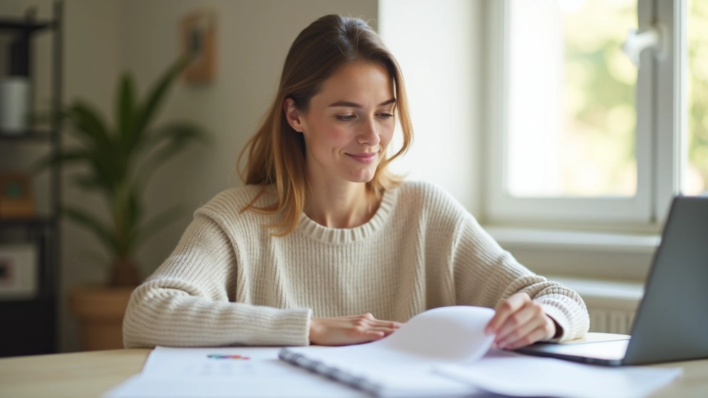 Personne assise à un bureau avec un ordinateur portable, papiers et graphiques étalés, stylo en main, concentrée sur la planification