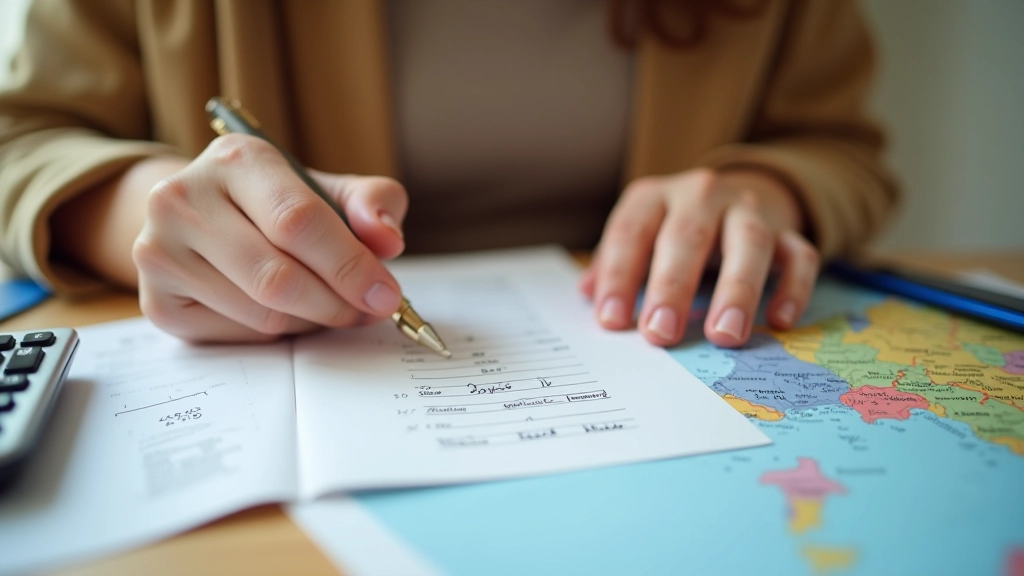 Femme planifiant son budget voyage avec des notes et une calculatrice
